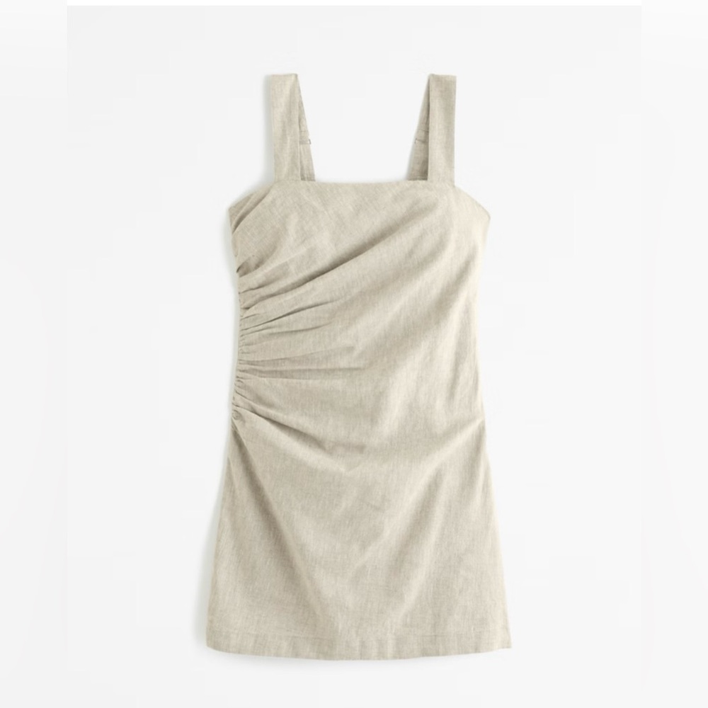 Abercrombie & Fitch Linen-Blend Ruched Squareneck Mini Dress (Beige)